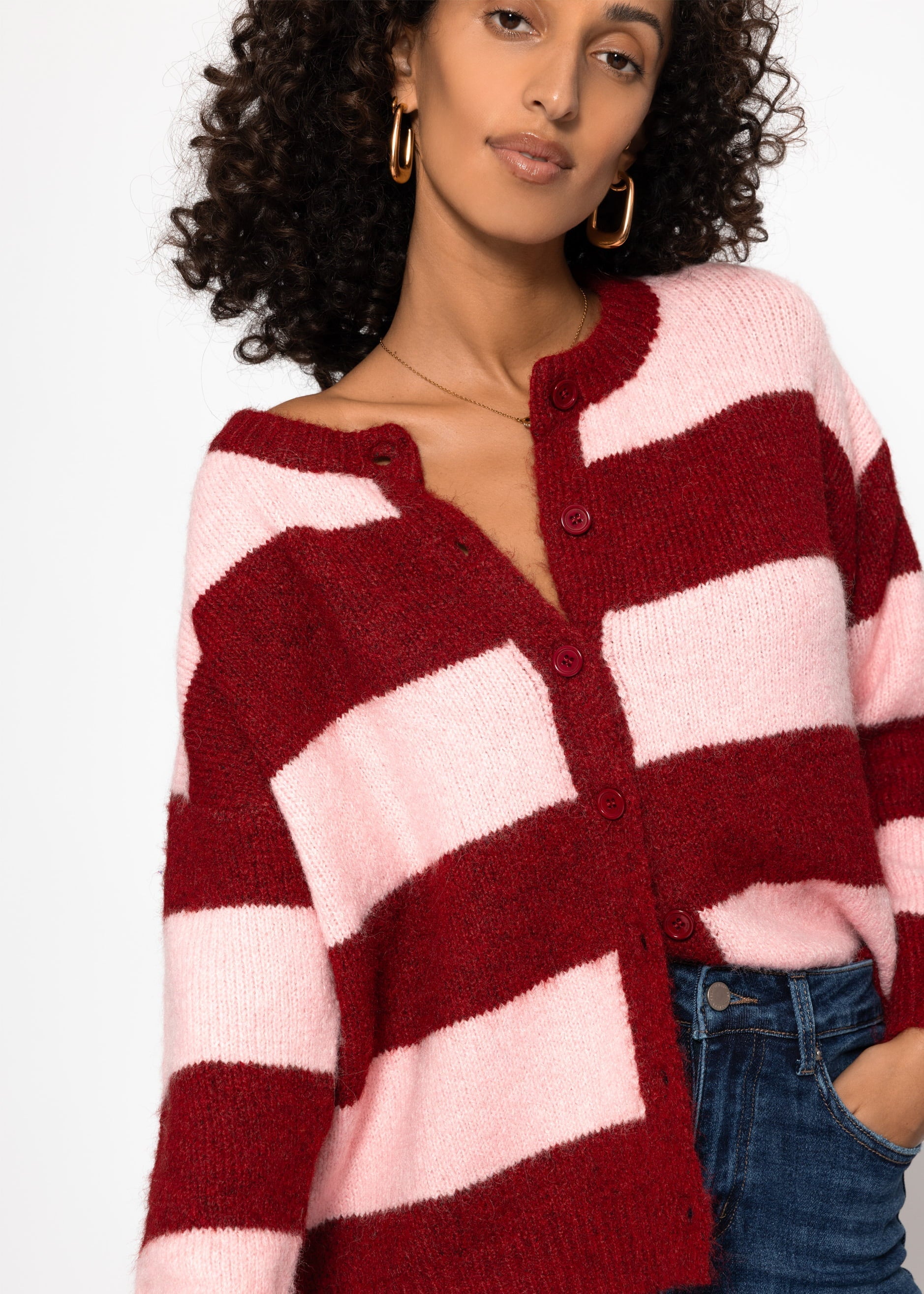 Cárdigan con bloques de rayas – burdeos