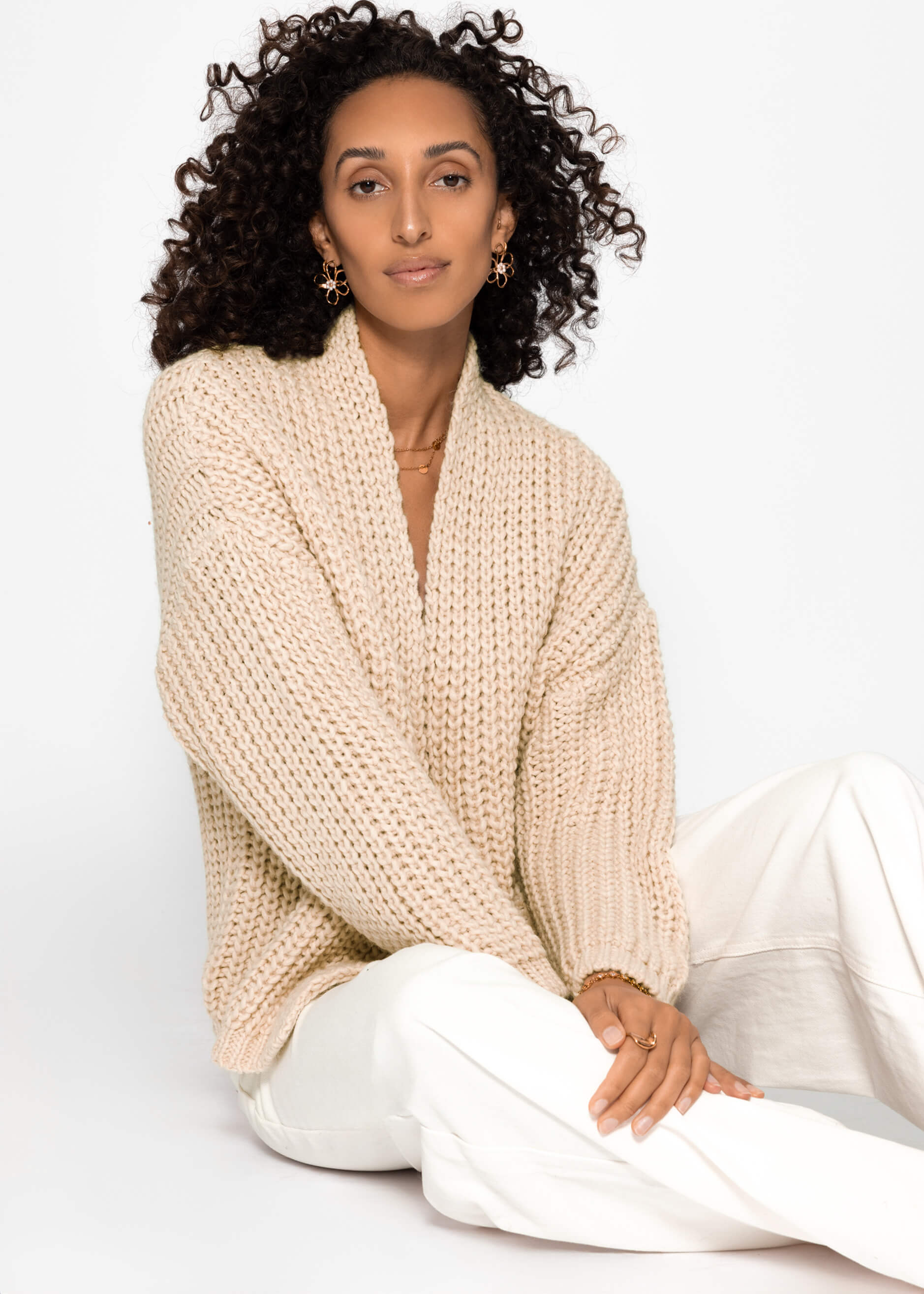 Cárdigan abierto de punto grueso - beige